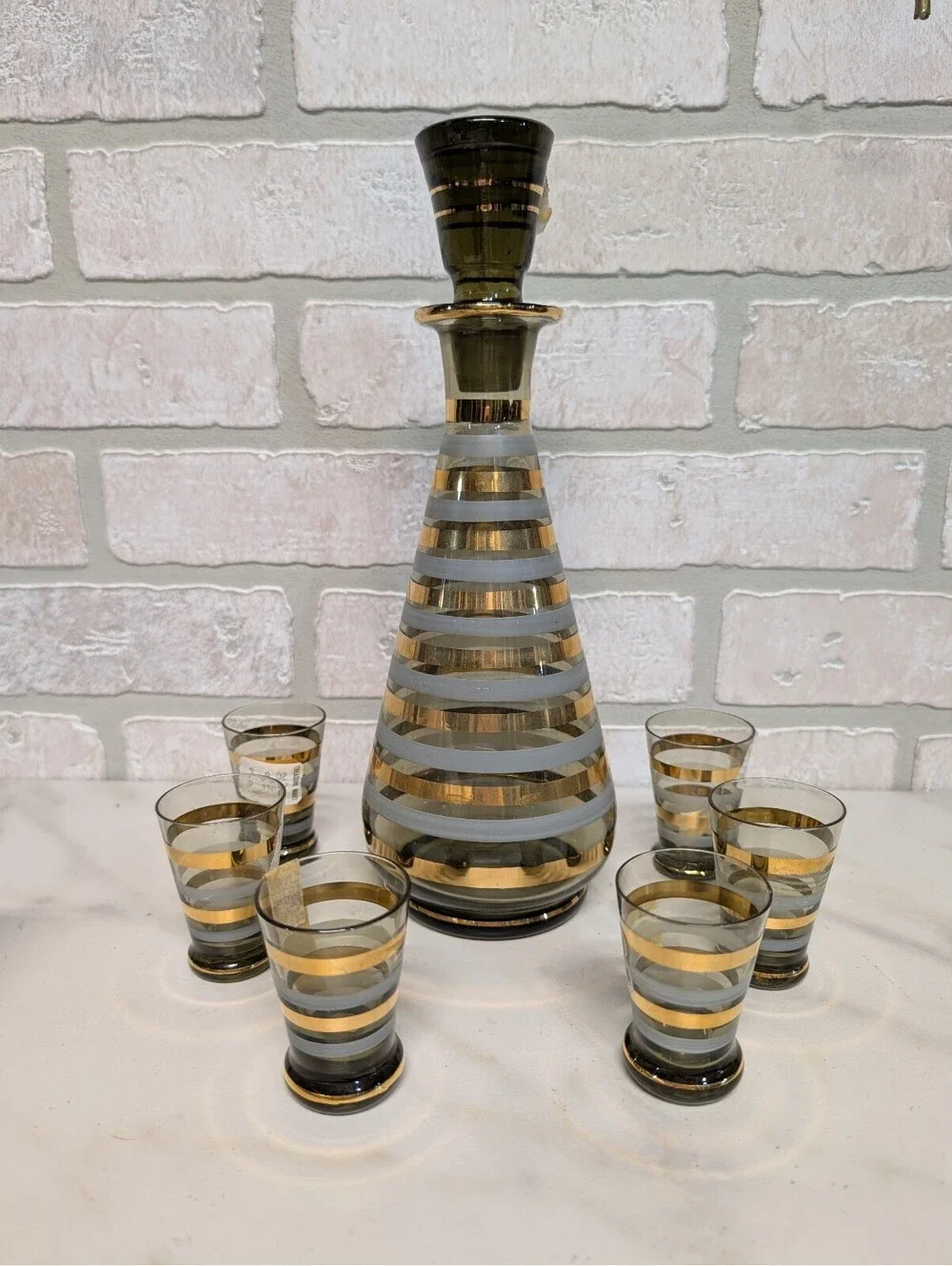 Vintage MC Glass Decanter Set with Gold and Frosted Stripes, 7 Pieces